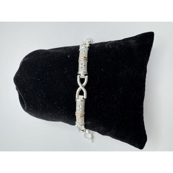 Designer Peruvian Sterling Silver 950 and 18K Gold Inlay Bracelet - 7.5” - Picture 2 of 6